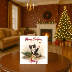 Personalised Christmas Card With Cat Illustration, Festive Lights Design, Custom Name Gift For Pet Lovers And Warm Holiday Celebrations