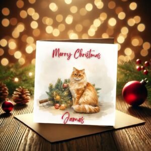 Golden Cat Holiday Magic Personalised Christmas Card, Festive Pet Illustration, Custom Name Gift For Cat Lovers, Warm Seasonal Greeting