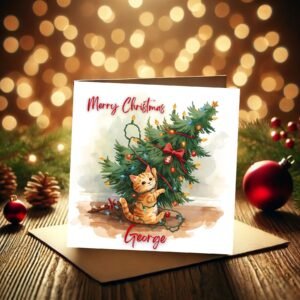 Festive Christmas Card With Playful Ginger Kitten And Toppled Tree, Personalised Holidays Gift For Cat Lovers And Seasonal Celebrations