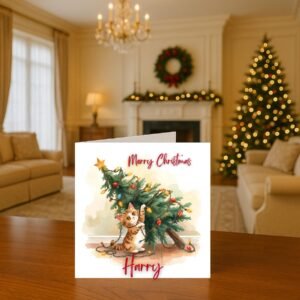 Personalised Cat Christmas Card With Festive Tree Scene, Pet Holiday Greeting, Custom Name Gift For Cat Lovers, Warm Seasonal Design