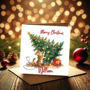 Festive Tree Mischief Christmas Card With Playful Kitten Scene Personalized Holiday Gifts