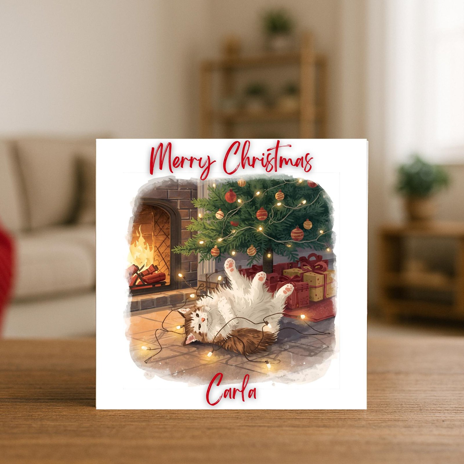 Christmas Card With Cat Under Tree, Festive Illustration, Cozy Fireplace Holiday Greeting, Personalized Pet Christmas Gift