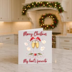 Romantic Christmas Card With Champagne Glasses, Personalised Holiday Gifts For Couples, Festive Celebration With Names And Sparkle Art