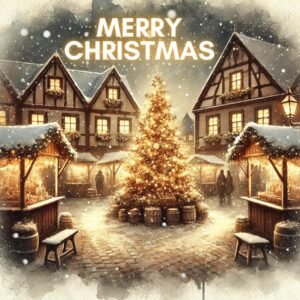 Enchanting Christmas Market Scene Card With Snowy Village Lights, Festive Winter Decorations, Holiday Tree Magic, Christmas Gift