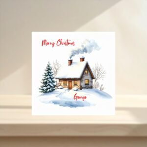 Personalized Christmas Card, Winter Cottage Design, FSC Cardstock