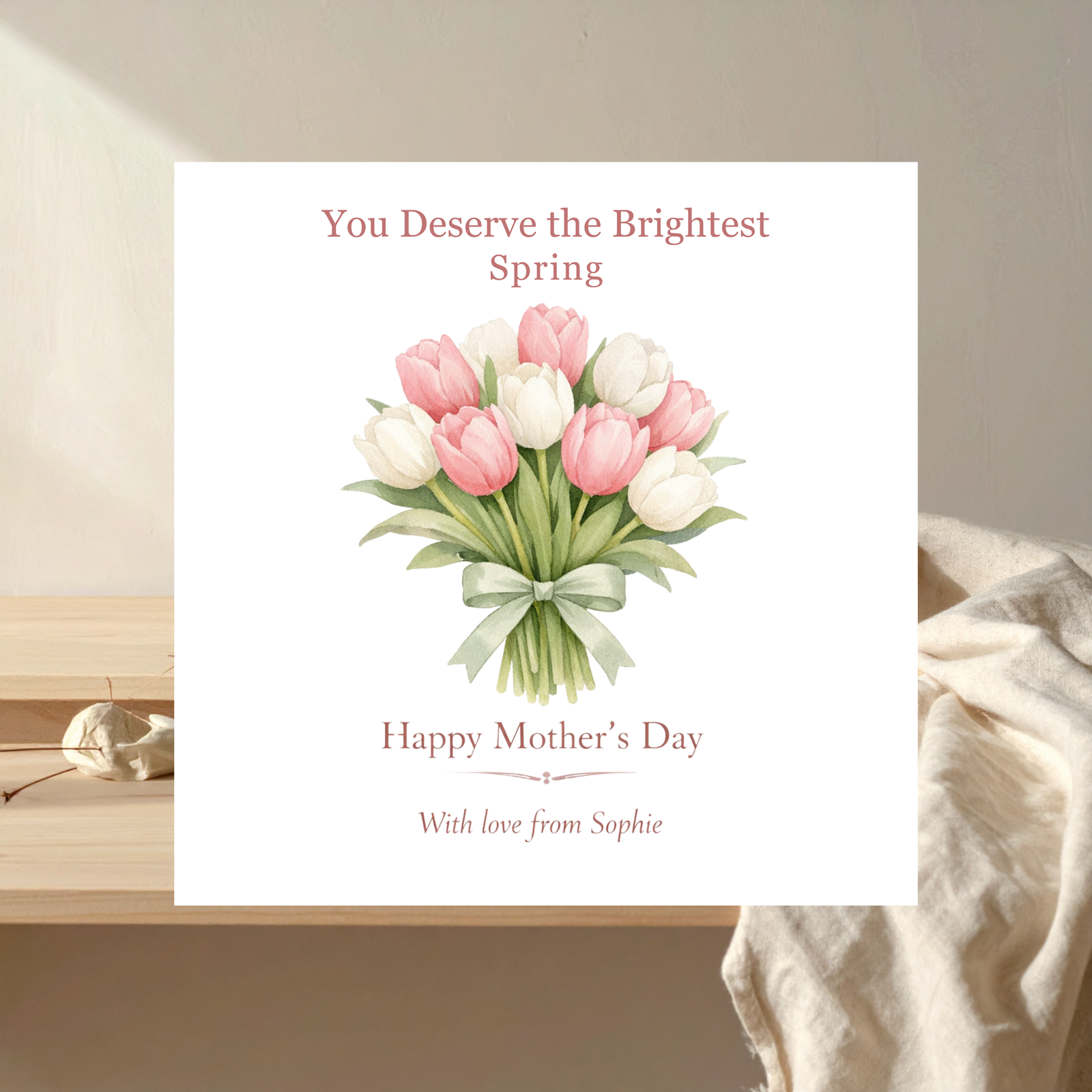 Personalised Mother’s Day greeting card with tulip bouquet illustration and custom message