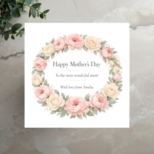 Personalised Mother’s Day card with soft blush and cream floral wreath and custom message for mum