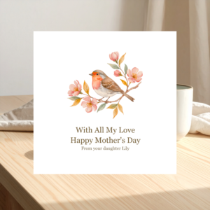Personalised Mother’s Day greeting card with robin bird and blossom illustration and custom message from daughter