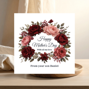 Personalised Mother’s Day Card for Mum, Custom Mothers Day Gift from Son, Elegant Rose Design with Name