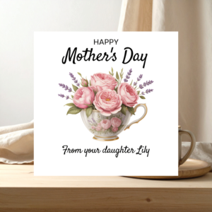 Personalised Mother’s Day card with rose teacup illustration and custom message from daughter