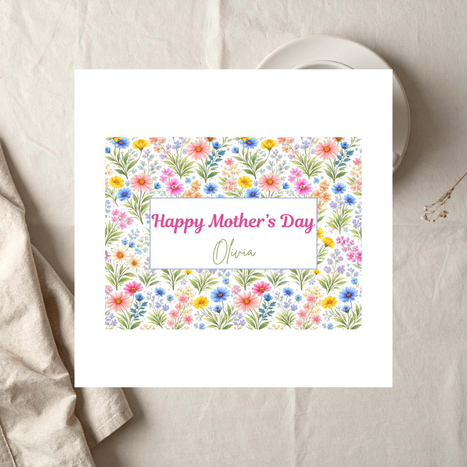 Personalised Mother’s Day Card with Colourful Floral Pattern, Custom Happy Mothers Day Gift for Mum, Modern Wildflower Design Keepsake