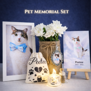 Pet memorial set with framed cat photo, remembrance candle and keepsake charm