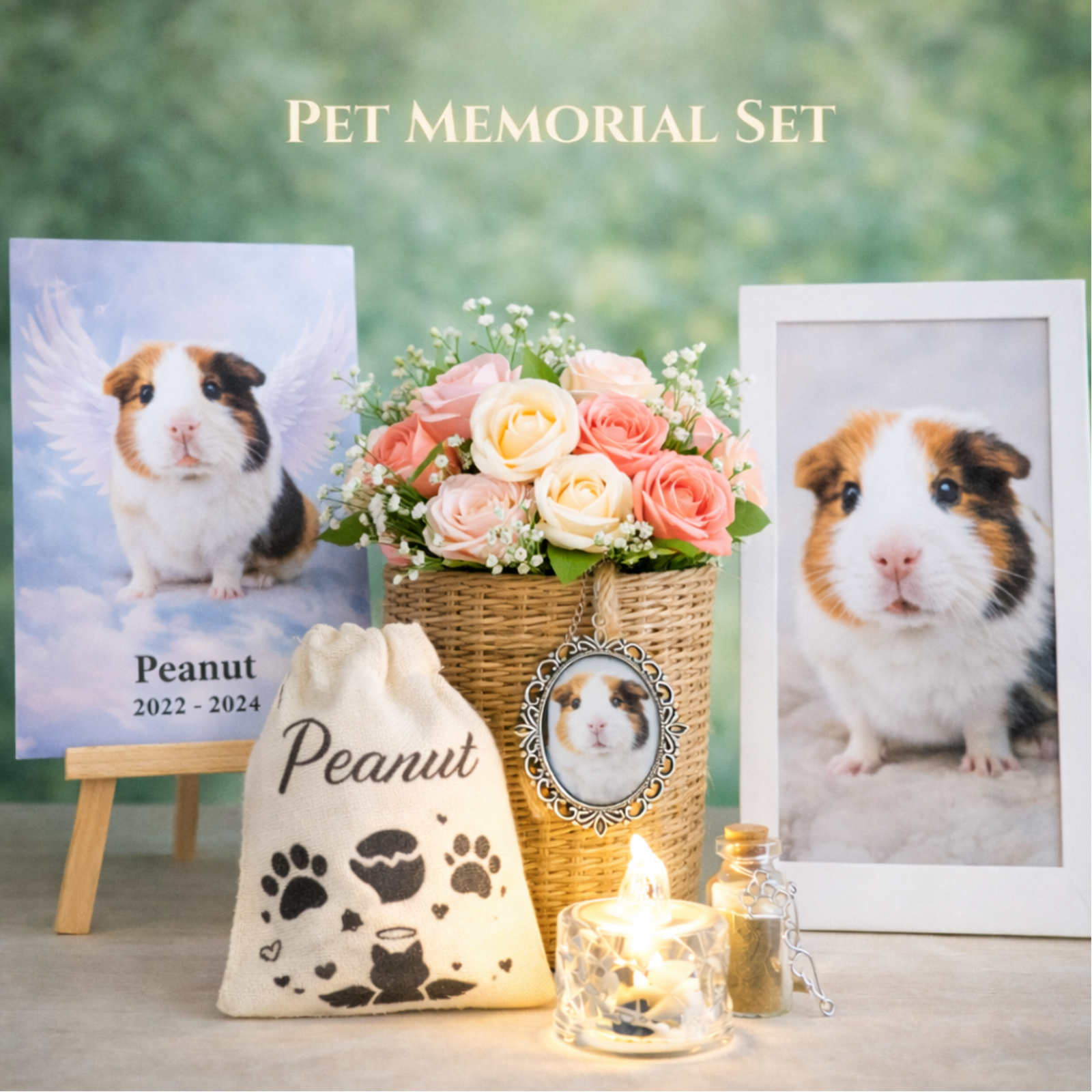 Pet memorial remembrance set components with personalised picture and display stand