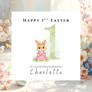 Personalised Happy Easter Card for Grandchildren Children and Family, Cute Bunny Greeting with Custom Name Detail