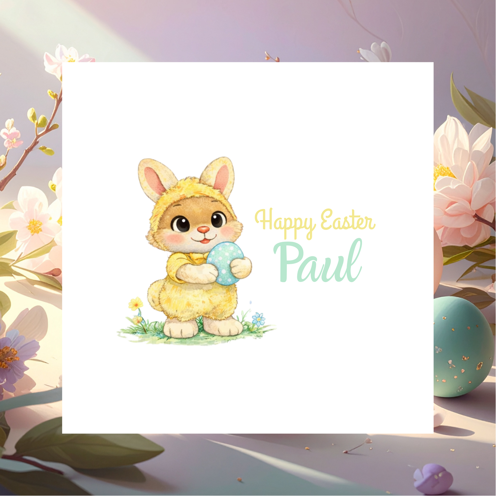 Custom Easter Greeting Card with Rabbit Design and Name, Personalised Spring Gift for Daughter Son or Grandchild
