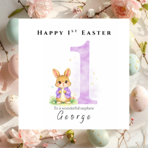 Personalised Easter Card for Daughter Son Granddaughter Grandson, Cute Bunny Rabbit Greeting with Custom Name and Spring Charm