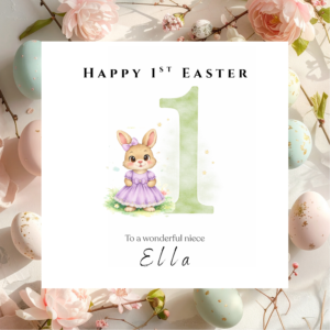 Happy Easter Custom Card with Name, Adorable Bunny Spring Greeting for Grandchildren Kids Family and Loved Ones