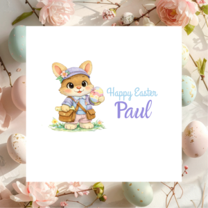 Personalised Easter Greeting with Bunny Rabbit Artwork, Custom Name Card for Children Family Members and Spring Celebrations