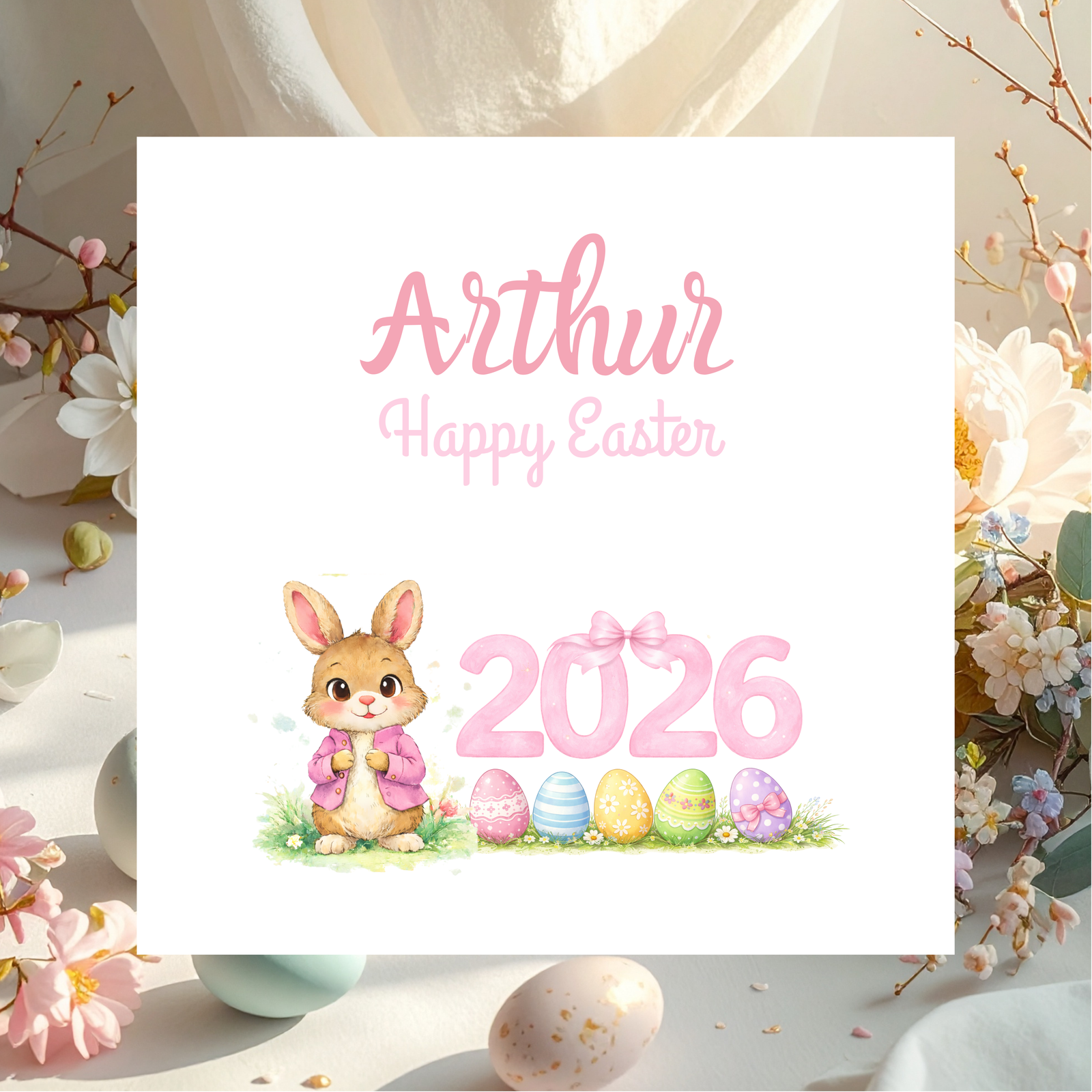 Happy Easter Personalised Rabbit Card, Custom Name Spring Greeting Card for Family, Children and Easter Gift Giving