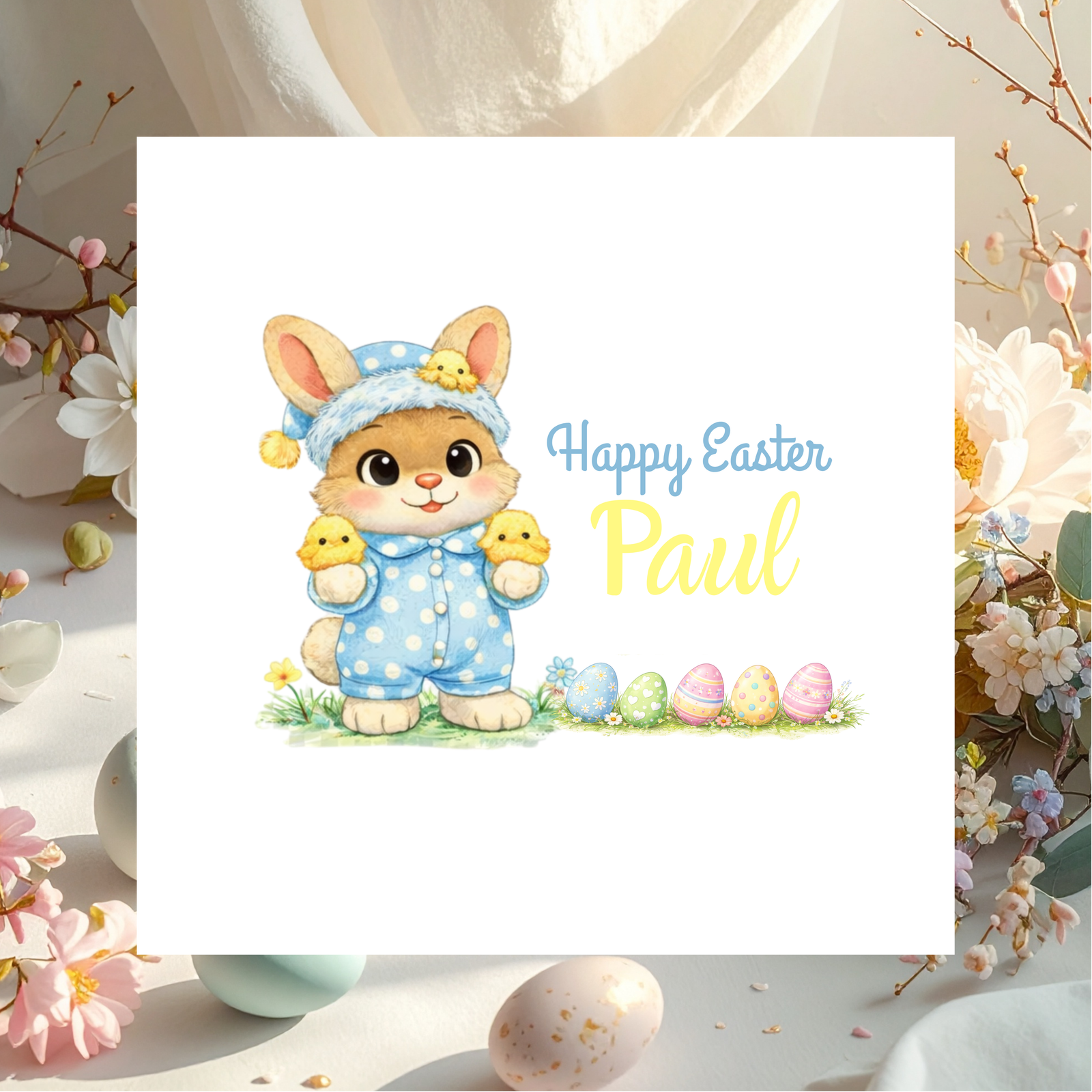 Custom Easter Bunny Card with Name, Personalised Spring Greeting for Children and Family, Sweet Easter Gift Keepsake Card