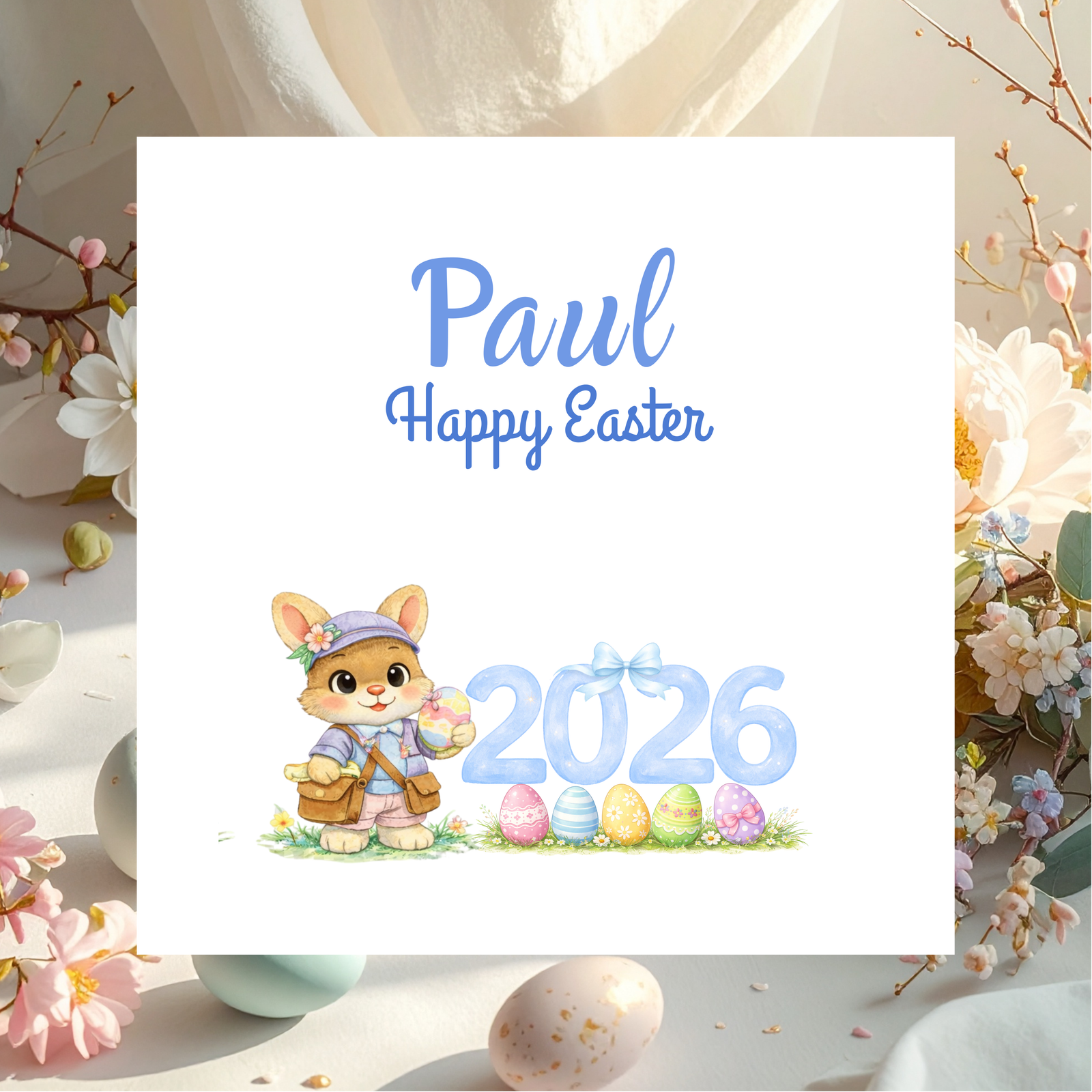 Personalised Easter Card for Kids and Family, Custom Name Bunny Rabbit Greeting Card, Charming Spring Keepsake Gift