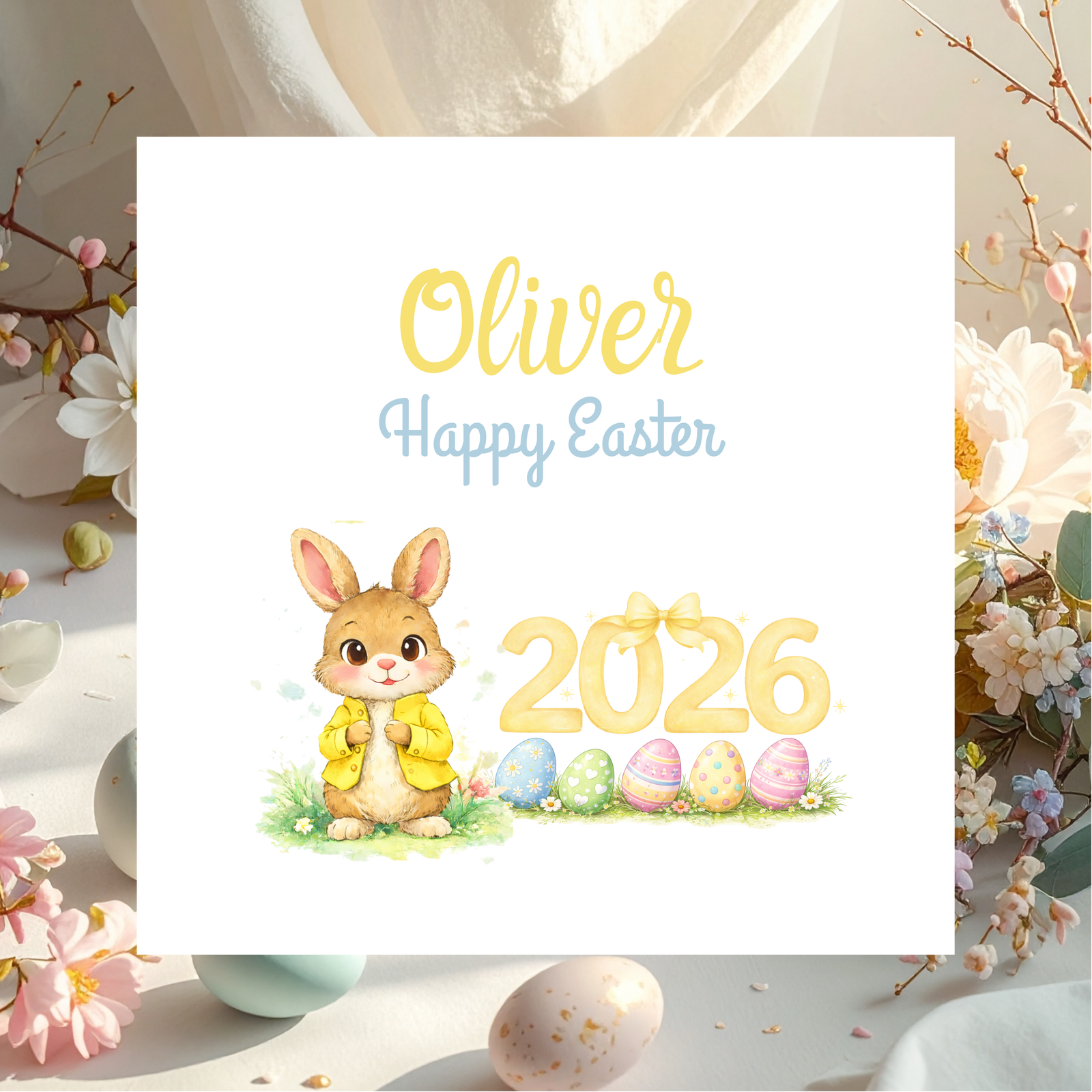 Happy Easter Bunny Card Personalised with Name, Beautiful Spring Greeting for Children, Family Easter Gift Keepsake Idea
