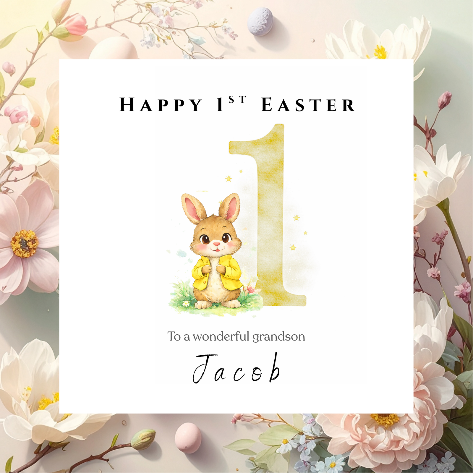 Personalised Happy Easter Card for Family, Cute Rabbit Spring Greeting with Custom Name, Special Easter Gift for Loved Ones