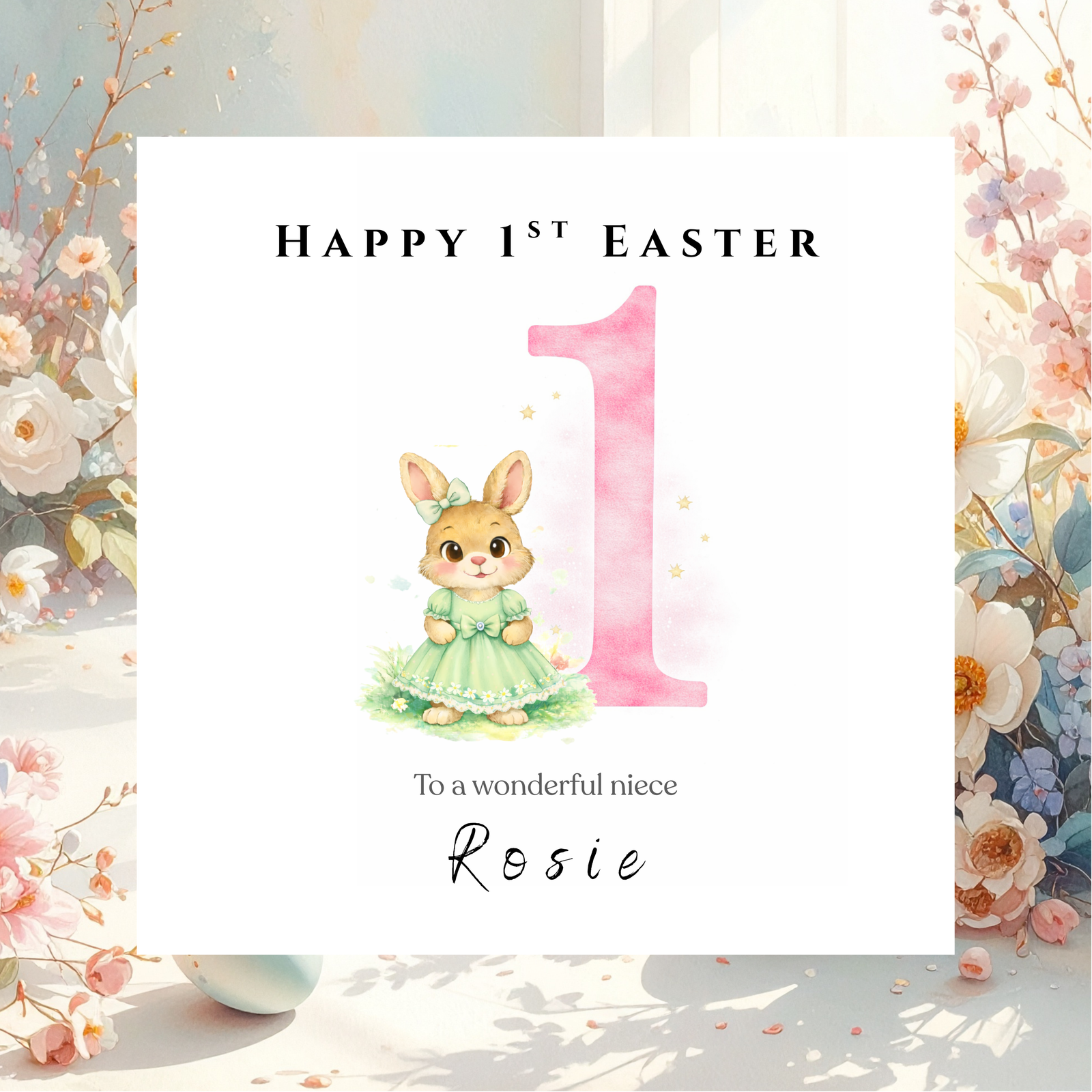 Custom Easter Card with Name and Bunny Illustration, Personalised Spring Greeting for Kids Relatives and Grandchildren