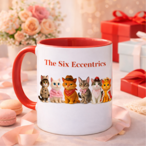 The Six Eccentrics cat mug with six cute cat characters on a pastel lifestyle background