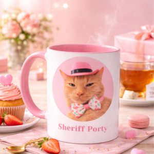 Sheriff Porty cat mug with orange cat wearing pink hat and bow tie on pastel pink background