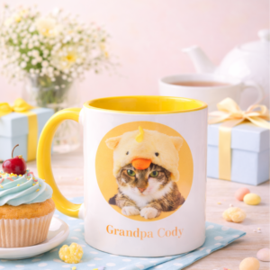 Grandpa Cody cat mug with cute cat wearing chick hat on yellow mug with pastel background