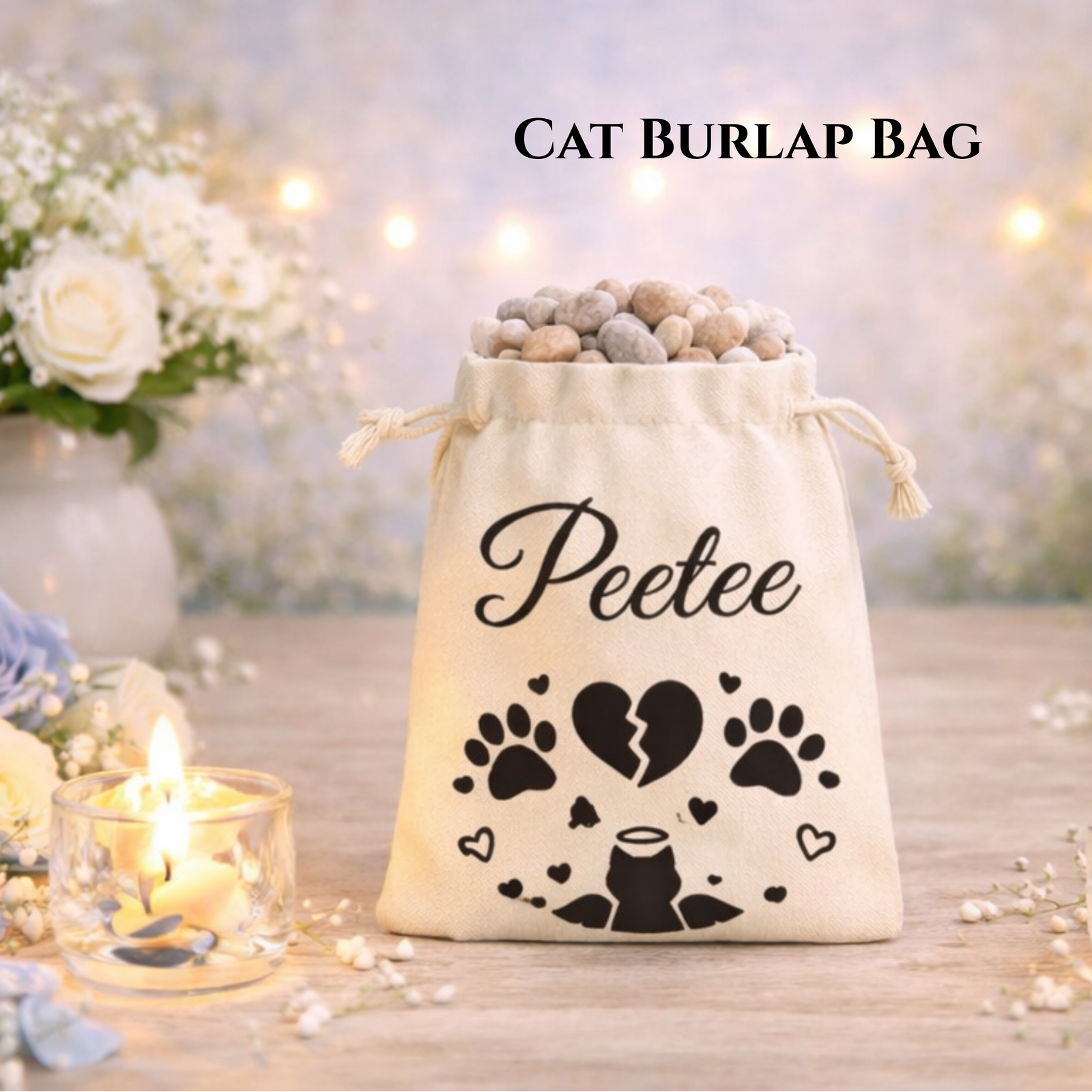 Personalised Pet Memorial Burlap Bag, Custom Dog or Cat Loss Keepsake Pouch, Rainbow Bridge Pet Sympathy Gift, Remembrance Bag