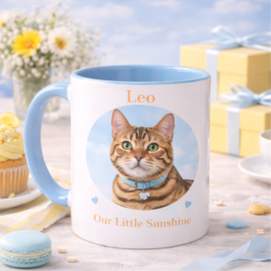 Personalised blue handle cat mug featuring a tabby cat portrait, the name Leo, and the phrase Our Little Sunshine