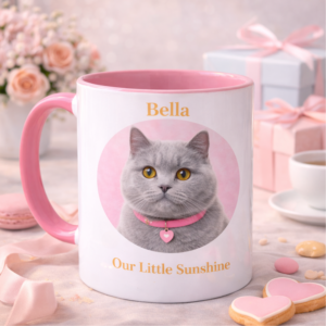 Personalised pink handle cat mug featuring a grey cat portrait, the name Bella, and the phrase Our Little Sunshine