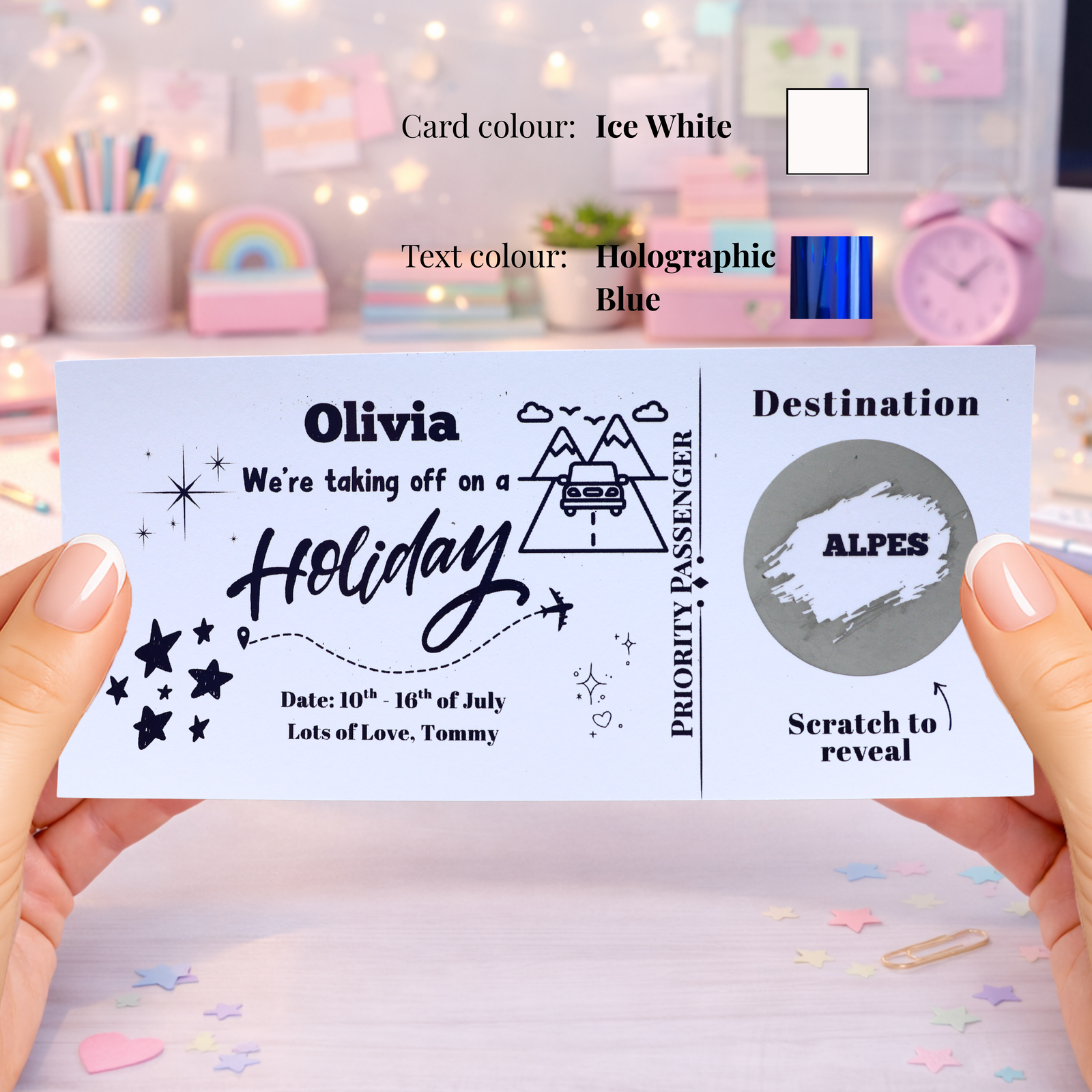 Personalised Holiday Reveal Scratch Card Alps Trip Surprise Gift, Custom Destination Travel Reveal Voucher for Couple - Image 2