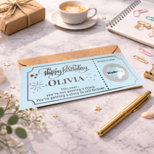 Personalised birthday scratch card voucher with custom name and surprise reveal ticket