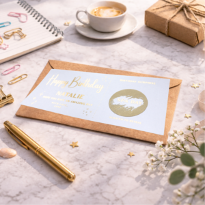 personalised birthday scratch card with gold foil text and scratch circle revealing spa day surprise