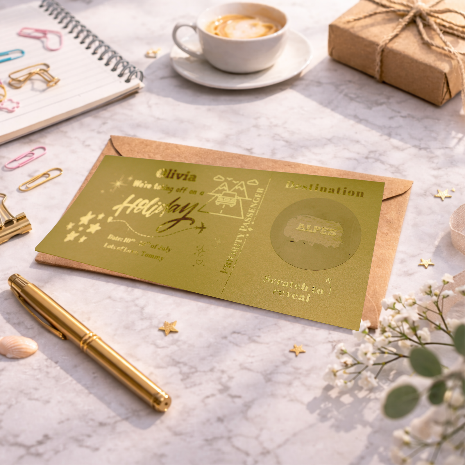 personalised holiday reveal scratch card with destination hidden under scratch circle