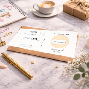 personalised holiday reveal scratch card destination reveal gift barcelona travel surprise voucher