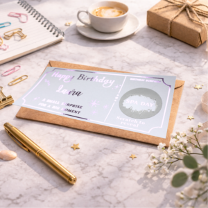 personalised spa day surprise scratch card with silver foil text and scratch circle revealing spa day gift