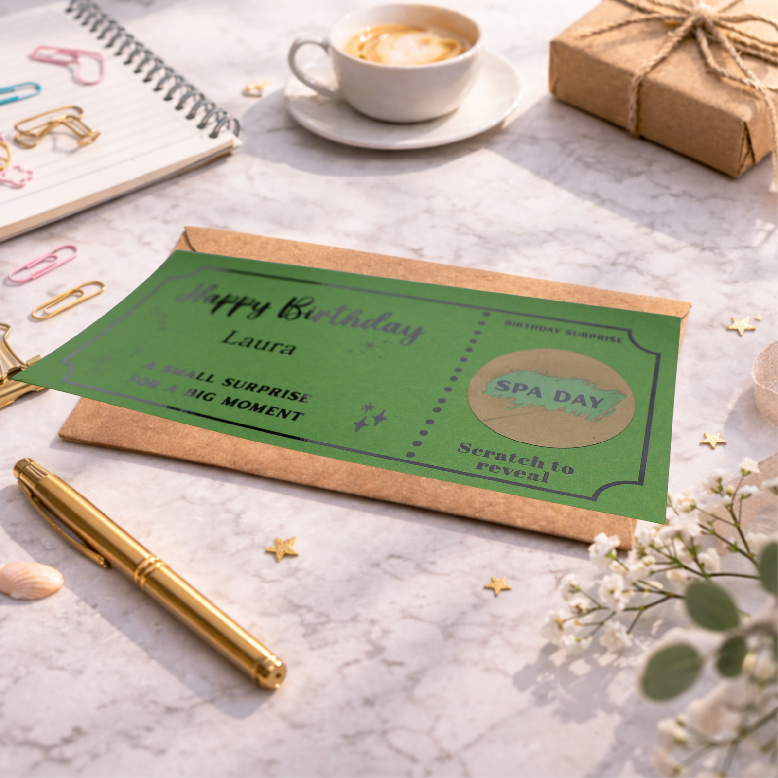 personalised birthday scratch card revealing spa day surprise gift voucher