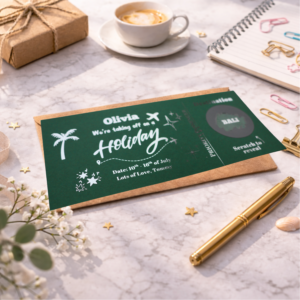 personalised holiday reveal scratch card with green card and scratch circle revealing Bali destination