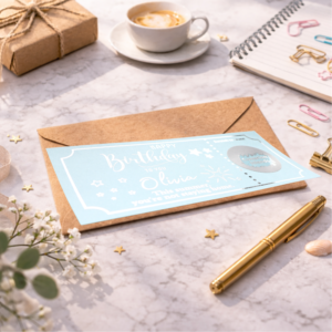 personalised birthday holiday reveal scratch card with blue card and scratch circle revealing travel surprise