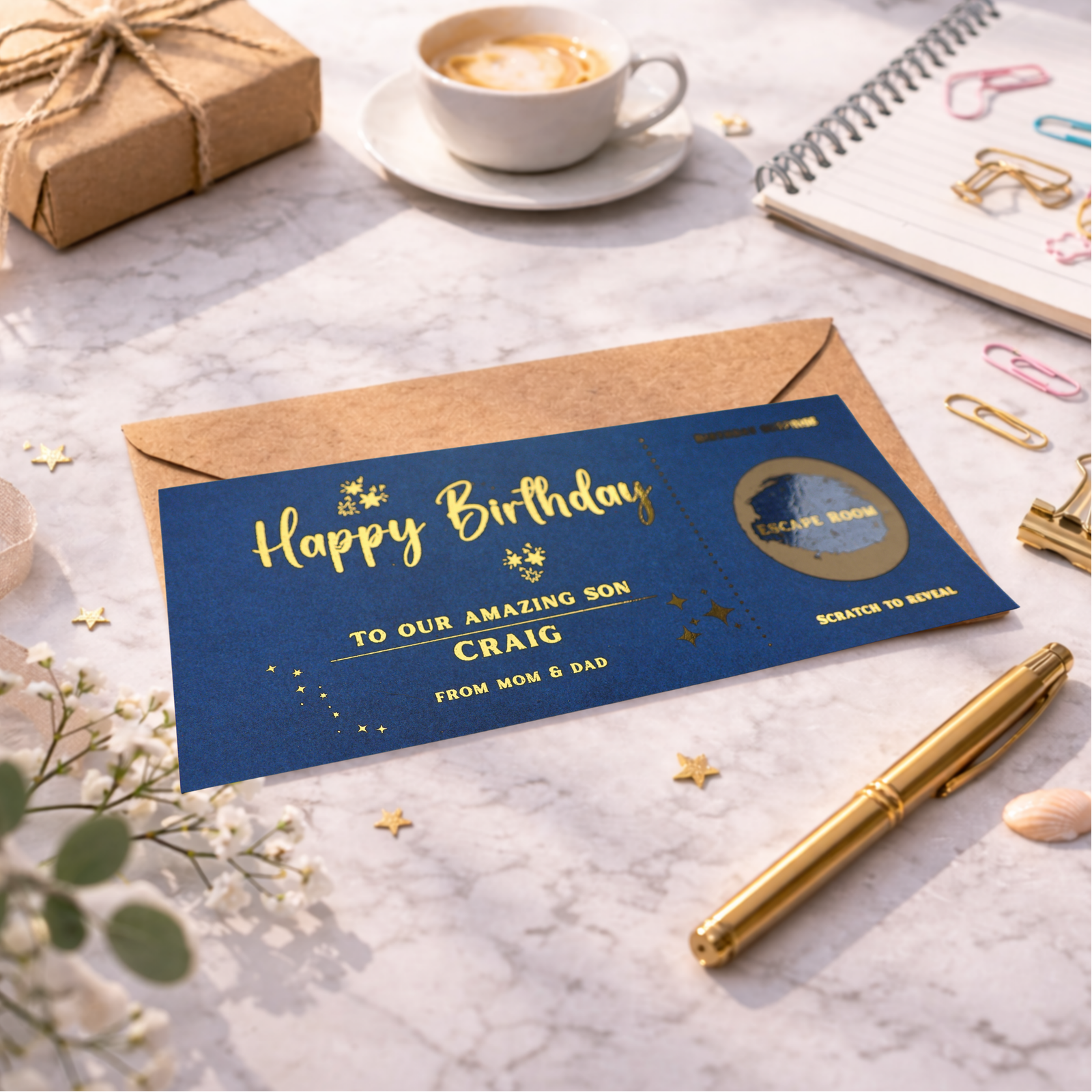 personalised blue birthday scratch card with gold foil text revealing escape room surprise