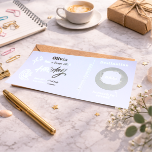 personalised holiday reveal scratch card with silver foil text and scratch circle revealing travel destination