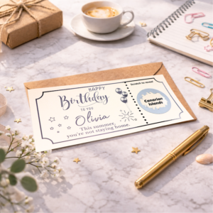 personalised birthday scratch card revealing surprise trip to the canary islands