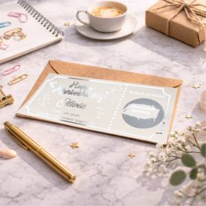 personalised anniversary scratch card revealing surprise trip to the canary islands