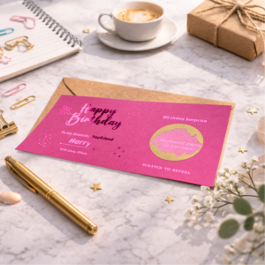 personalised pink birthday scratch card with gold scratch circle revealing weekend away surprise