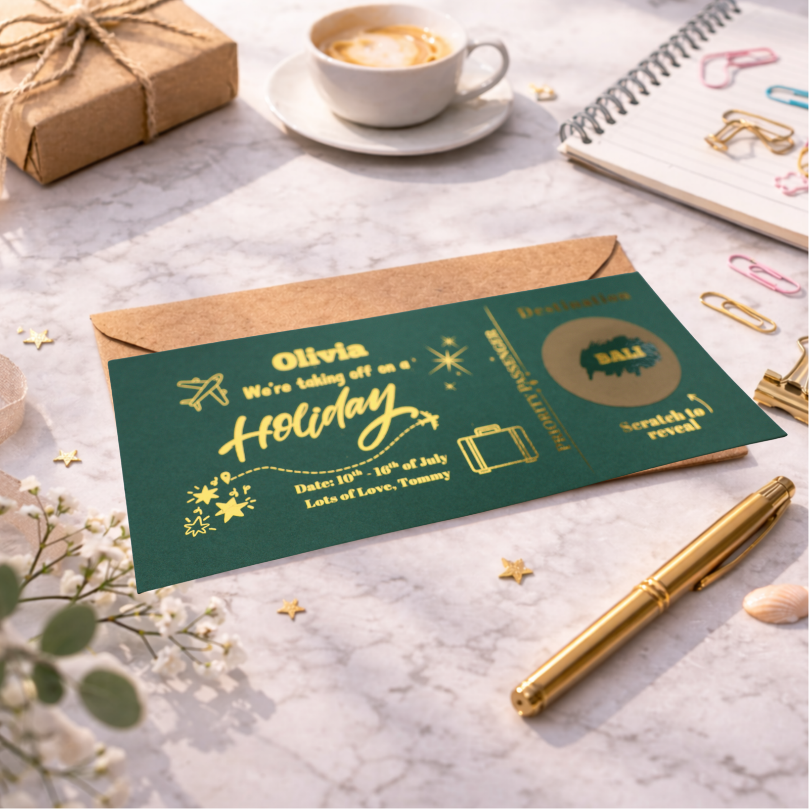 personalised holiday reveal scratch card with gold foil text and scratch circle revealing Bali destination