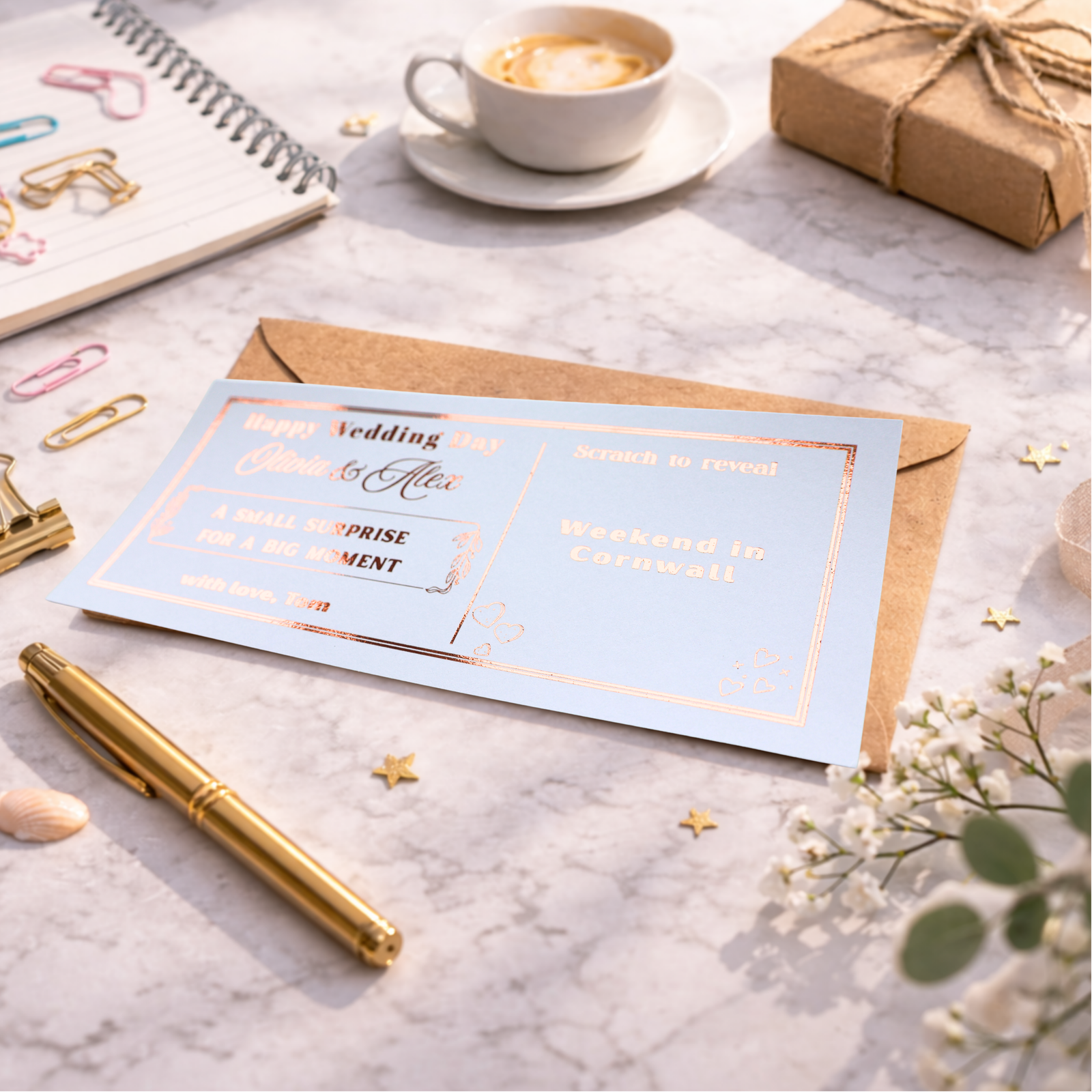 personalised wedding day scratch card revealing weekend in cornwall travel surprise gift